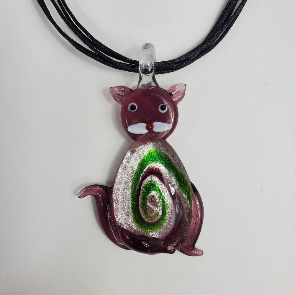 Funky Cat Necklace Glass Pendant Necklace Abstract Art to Wear Glass Art